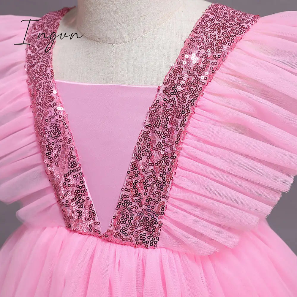 Ingvn - Girls Ruffles Princess Dress For Kids Wedding Elegant Party Tutu Prom Gown Children