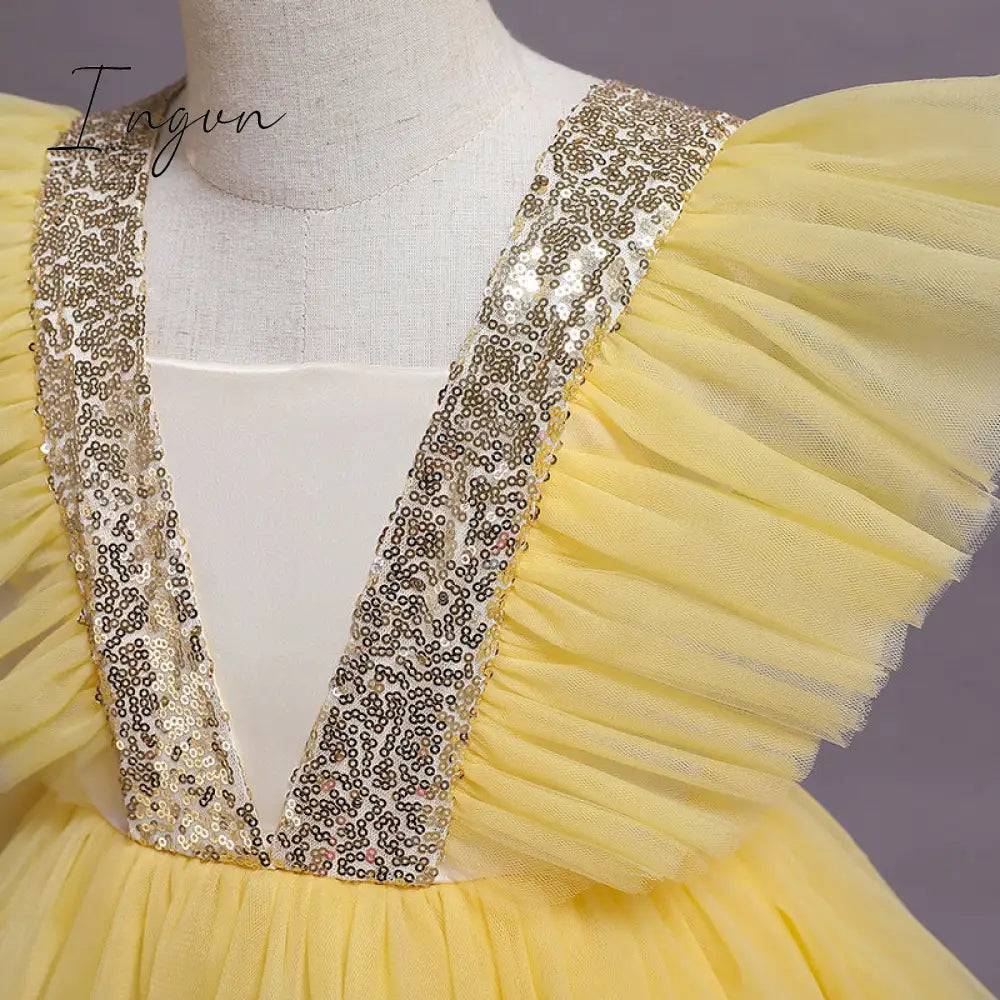 Ingvn - Girls Ruffles Princess Dress For Kids Wedding Elegant Party Tutu Prom Gown Children