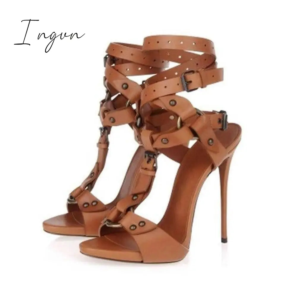 Ingvn - Gladiator Split Leather Ankle Strap High Heels Brown / 5
