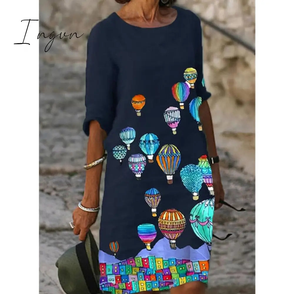 Ingvn - Half Sleeved V Neck Printed Loose Dress Women’s Fashion Casual Vintage Spring Autumn All