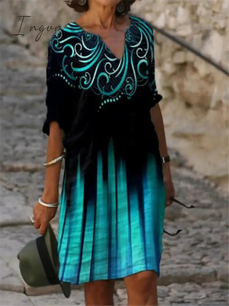 Ingvn - Half Sleeved V Neck Printed Loose Dress Women’s Fashion Casual Vintage Spring Autumn All