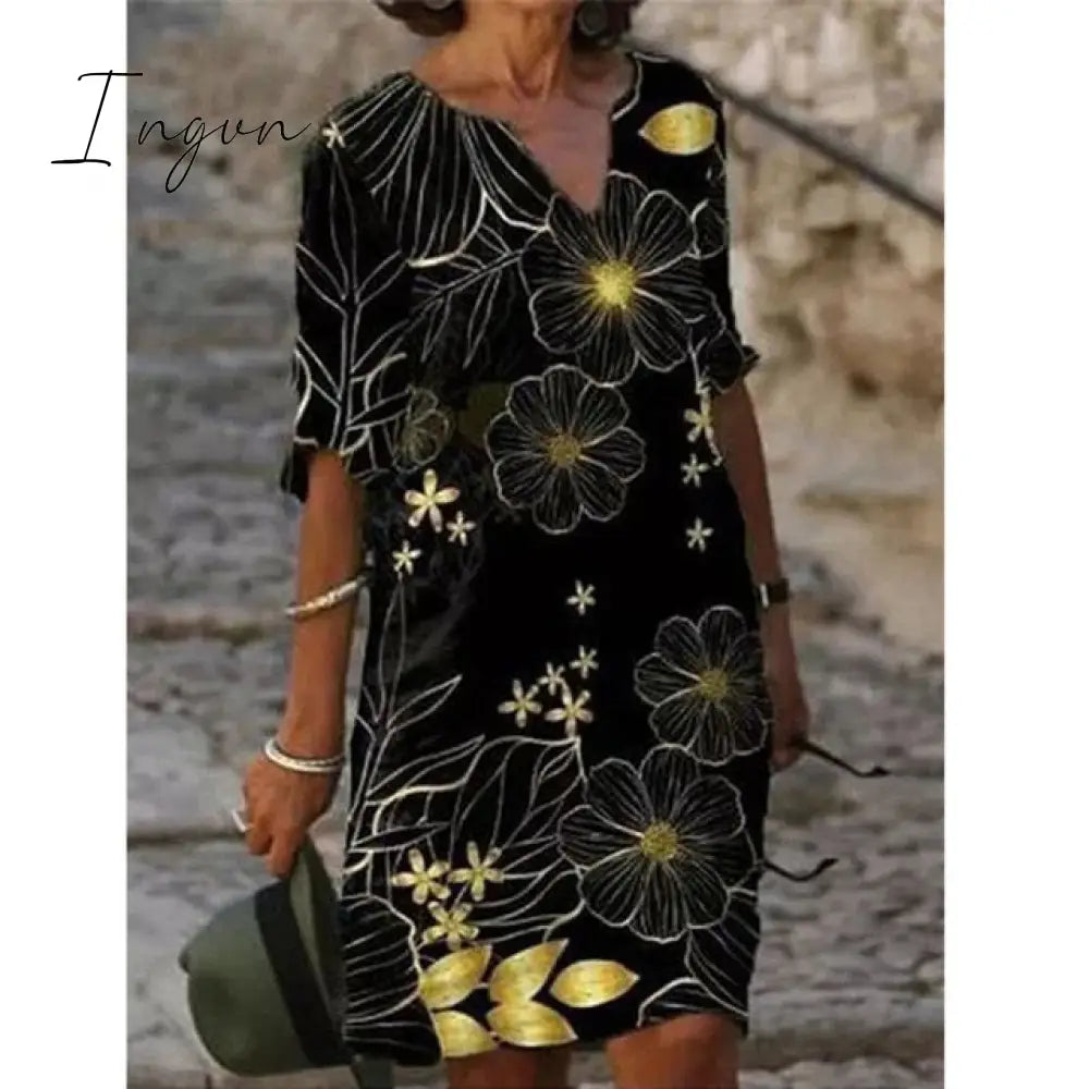 Ingvn - Half Sleeved V Neck Printed Loose Dress Women’s Fashion Casual Vintage Spring Autumn All