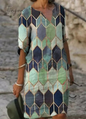 Ingvn - Half Sleeved V Neck Printed Loose Dress Women’s Fashion Casual Vintage Spring Autumn All