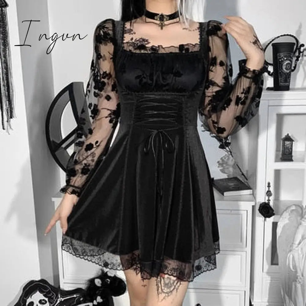Ingvn - Halloween Gothic Lolita Dress Lace Mini Long Sleeves Black Draped Bodycon Goth Vintage