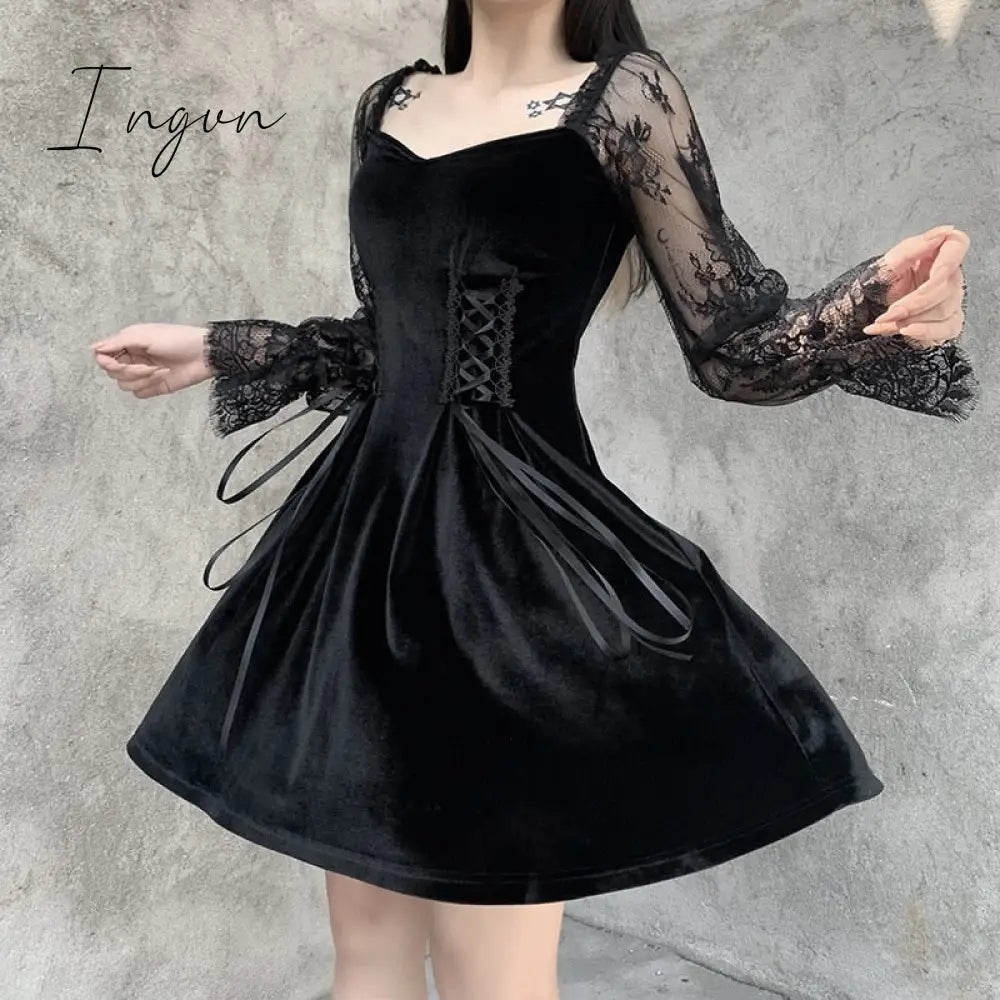 Ingvn - Halloween Gothic Lolita Dress Lace Mini Long Sleeves Black Draped Bodycon Goth Vintage