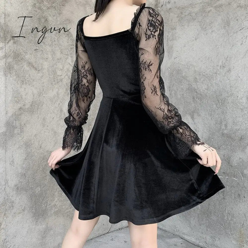 Ingvn - Halloween Gothic Lolita Dress Lace Mini Long Sleeves Black Draped Bodycon Goth Vintage
