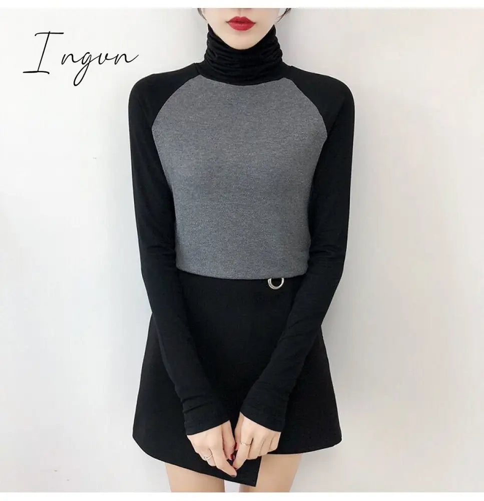 Ingvn - Harajuku Solid Bottoming T Shirt Women Spring Autumn Tee Shirts Korean Turtleneck Slim Long