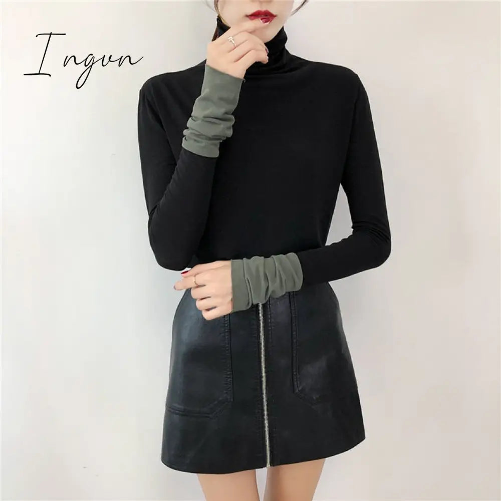 Ingvn - Harajuku Solid Bottoming T Shirt Women Spring Autumn Tee Shirts Korean Turtleneck Slim Long