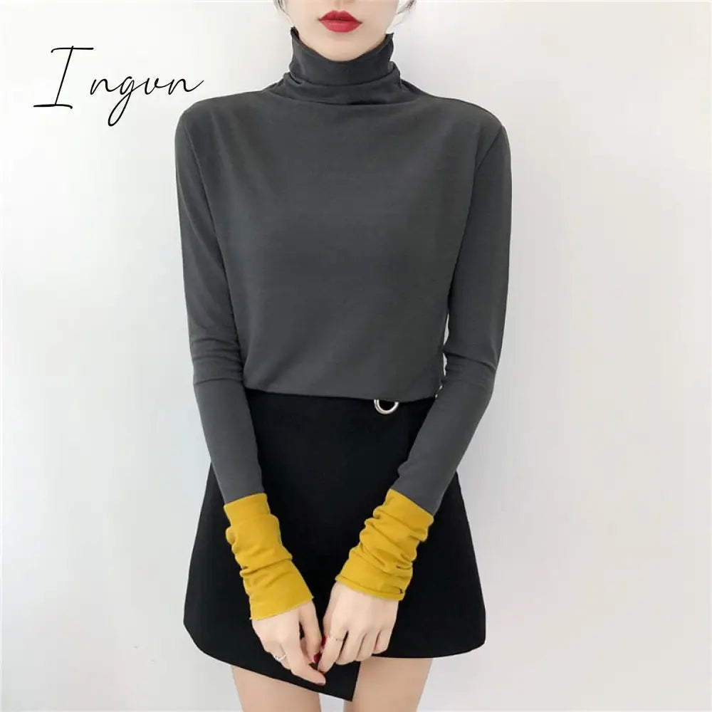 Ingvn - Harajuku Solid Bottoming T Shirt Women Spring Autumn Tee Shirts Korean Turtleneck Slim Long