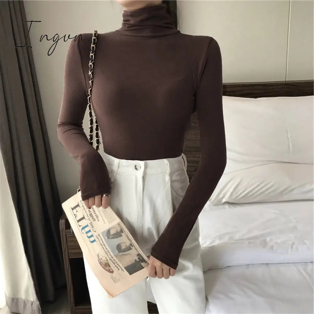 Ingvn - Harajuku Solid Bottoming T Shirt Women Spring Autumn Tee Shirts Korean Turtleneck Slim Long