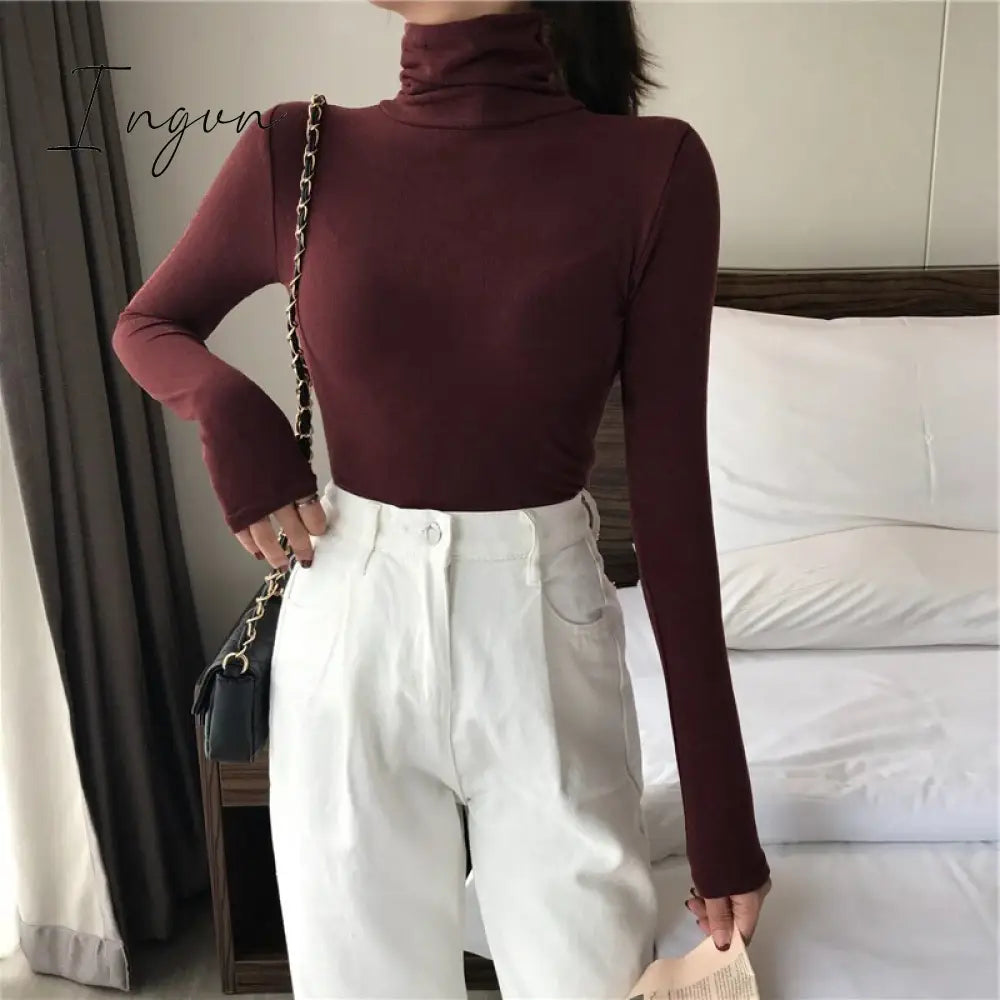 Ingvn - Harajuku Solid Bottoming T Shirt Women Spring Autumn Tee Shirts Korean Turtleneck Slim Long