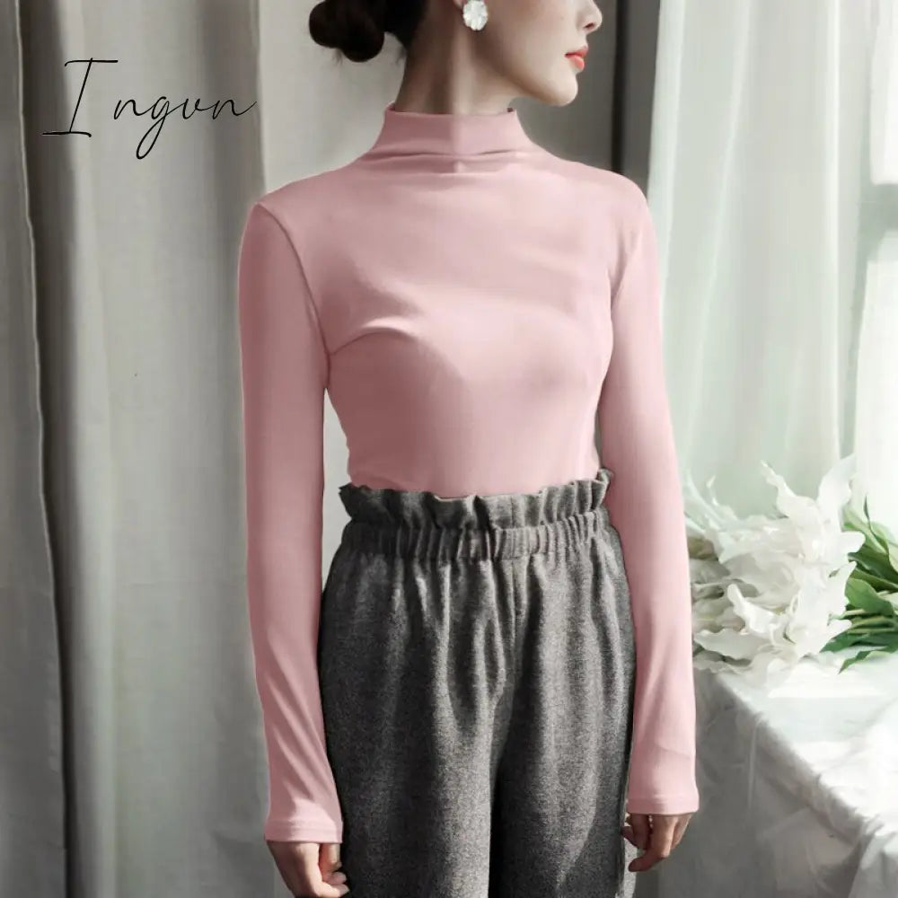Ingvn - Harajuku Solid Bottoming T Shirt Women Spring Autumn Tee Shirts Korean Turtleneck Slim Long