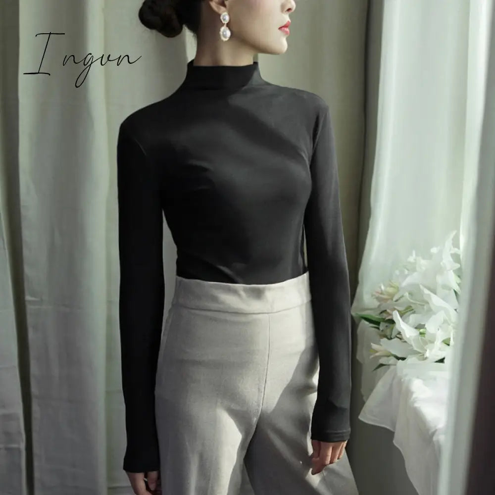 Ingvn - Harajuku Solid Bottoming T Shirt Women Spring Autumn Tee Shirts Korean Turtleneck Slim Long