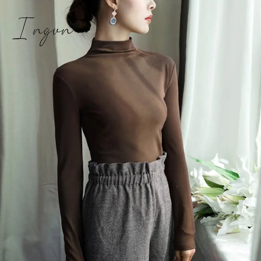 Ingvn - Harajuku Solid Bottoming T Shirt Women Spring Autumn Tee Shirts Korean Turtleneck Slim Long