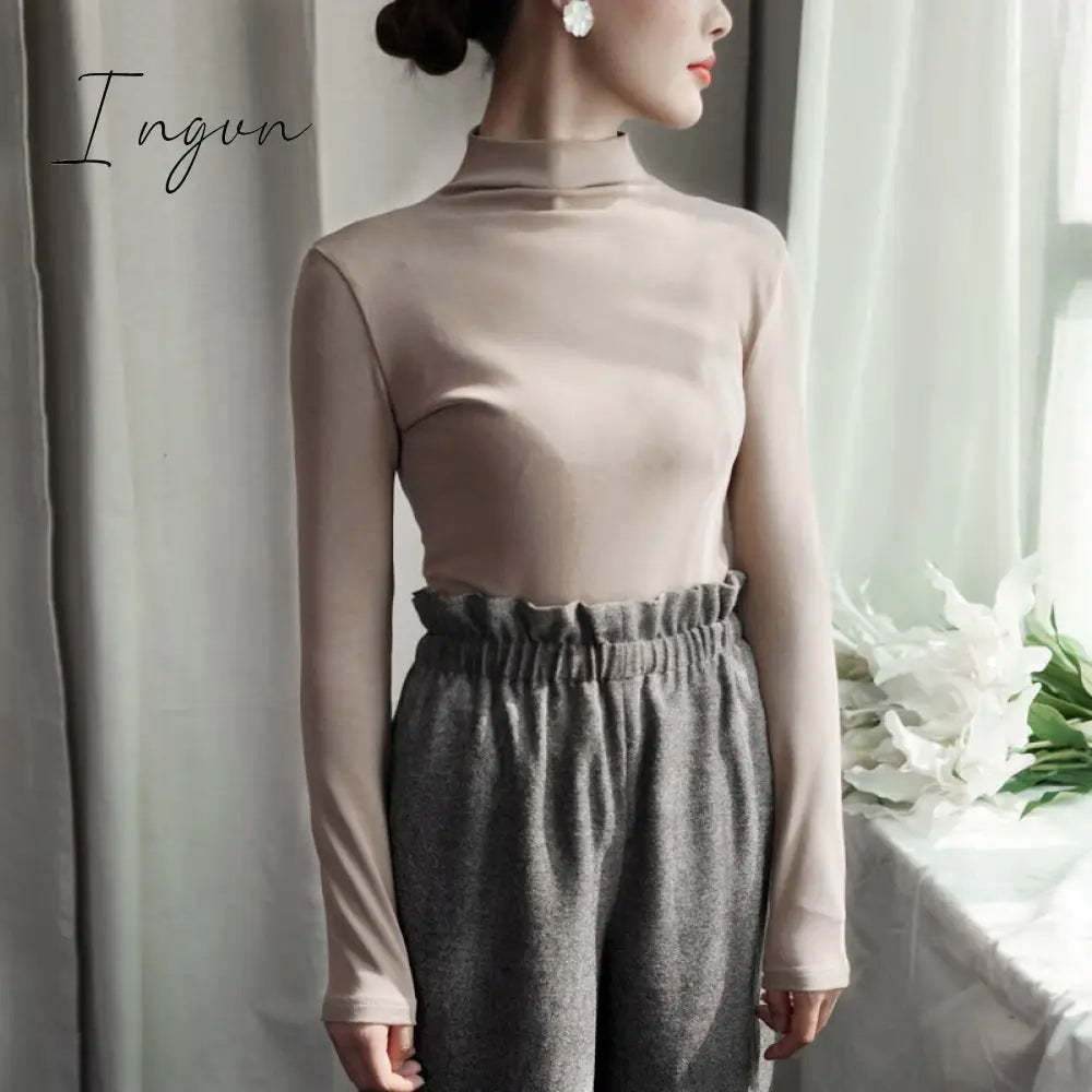 Ingvn - Harajuku Solid Bottoming T Shirt Women Spring Autumn Tee Shirts Korean Turtleneck Slim Long