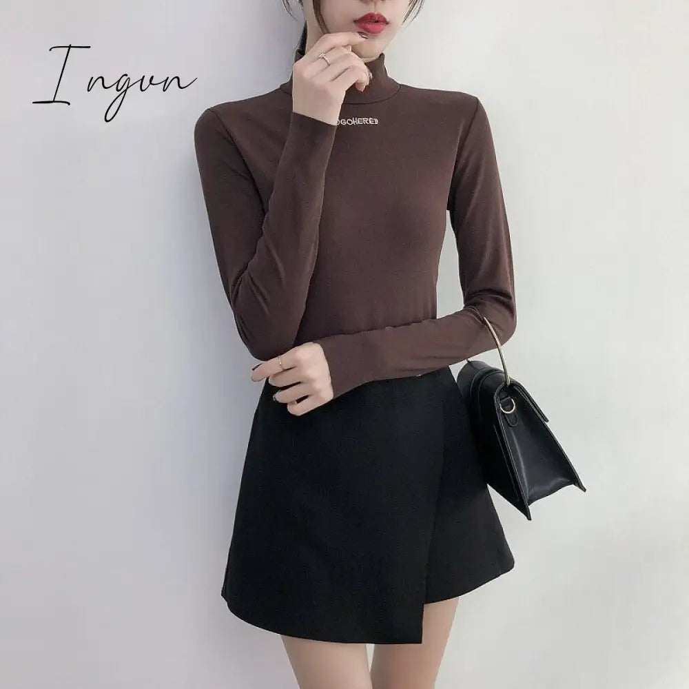 Ingvn - Harajuku Solid Bottoming T Shirt Women Spring Autumn Tee Shirts Korean Turtleneck Slim Long