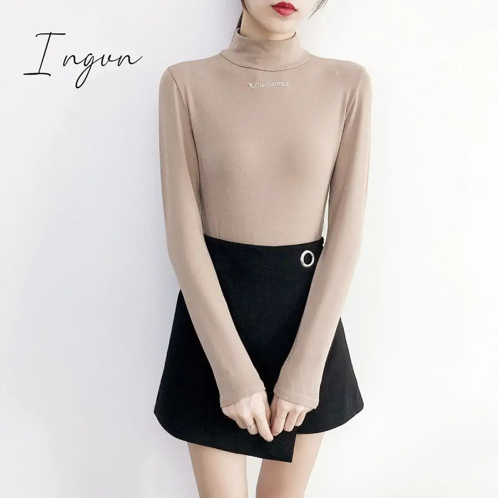 Ingvn - Harajuku Solid Bottoming T Shirt Women Spring Autumn Tee Shirts Korean Turtleneck Slim Long
