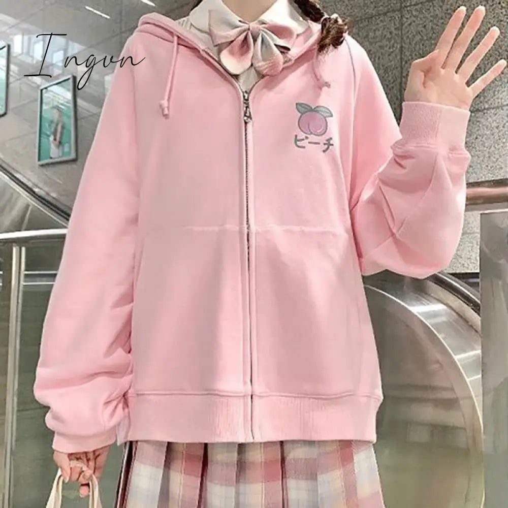 Ingvn - Harajuku Sweet Fruit Print Women Hoodie Pocket Spring Loose Thin Zipper Sweatshirt Girl