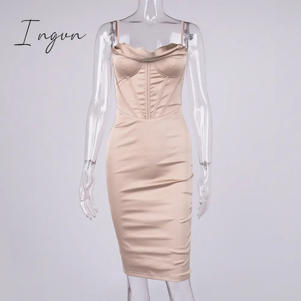 Ingvn - High Quality Satin Bodycon Dress Women Party New Double Layer House Of Cb Celebrity Evening