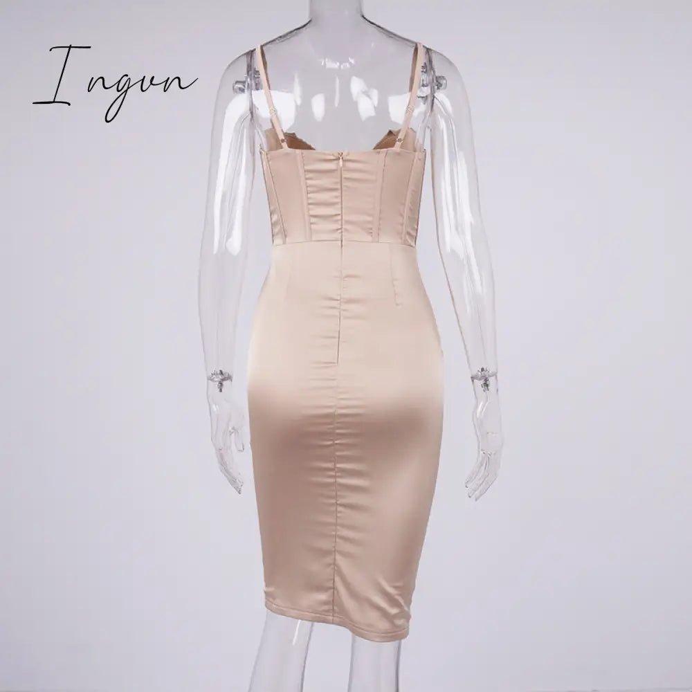 Ingvn - High Quality Satin Bodycon Dress Women Party New Double Layer House Of Cb Celebrity Evening