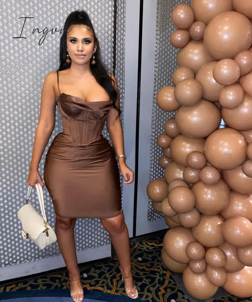 Ingvn - High Quality Satin Bodycon Dress Women Party New Double Layer House Of Cb Celebrity Evening