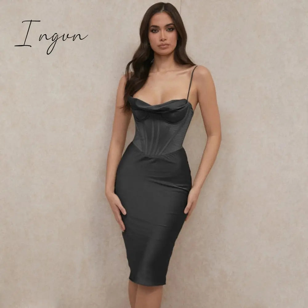 Ingvn - High Quality Satin Bodycon Dress Women Party New Double Layer House Of Cb Celebrity Evening