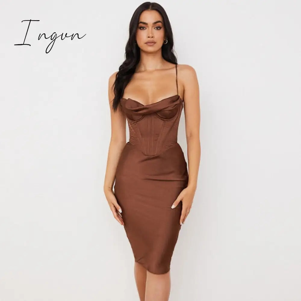 Ingvn - High Quality Satin Bodycon Dress Women Party New Double Layer House Of Cb Celebrity Evening