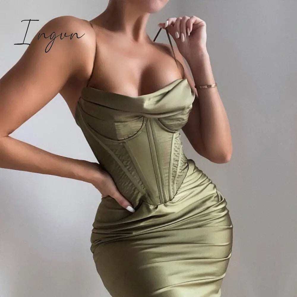 Ingvn - High Quality Satin Bodycon Dress Women Party New Double Layer House Of Cb Celebrity Evening