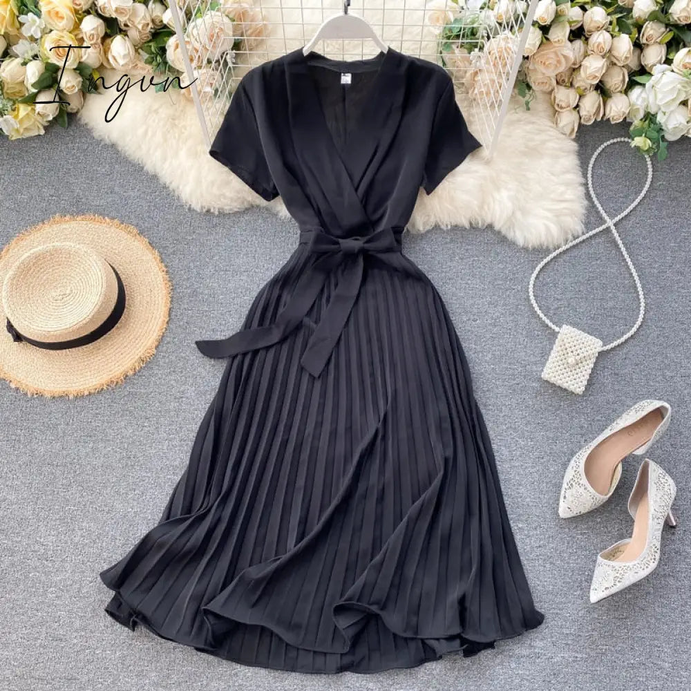 Ingvn - High Quality Solid Pleated Dress Women V Neck Short Sleeves Sashes Long Dresses Summer