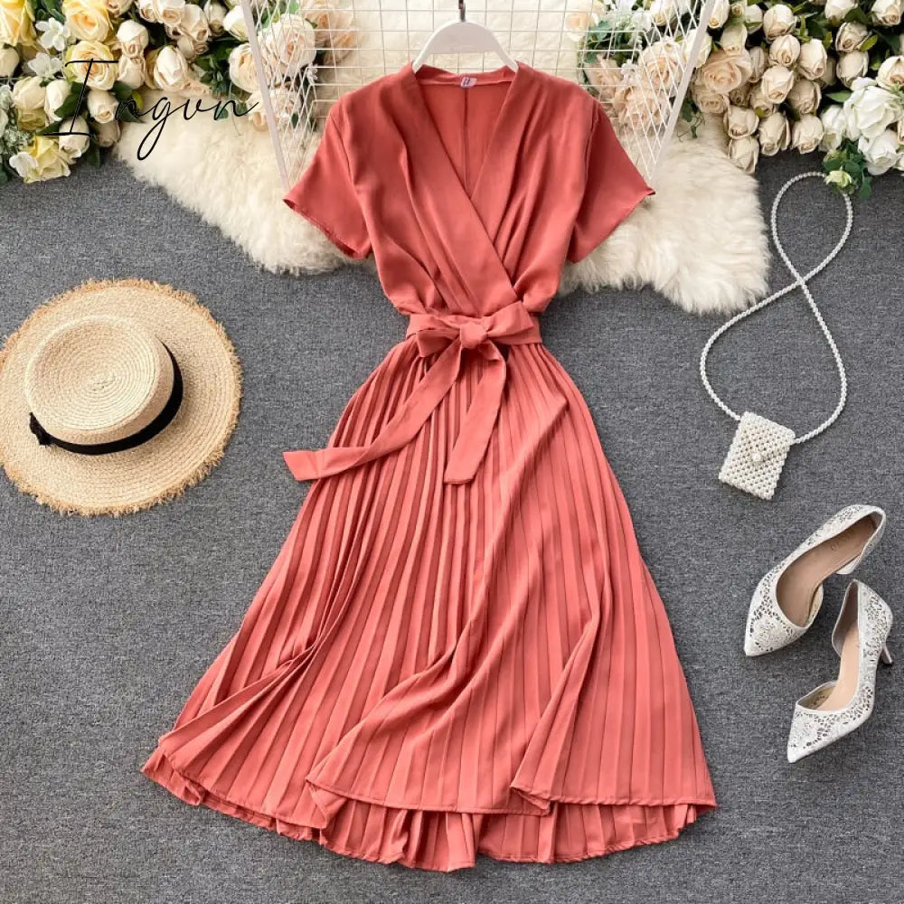 Ingvn - High Quality Solid Pleated Dress Women V Neck Short Sleeves Sashes Long Dresses Summer