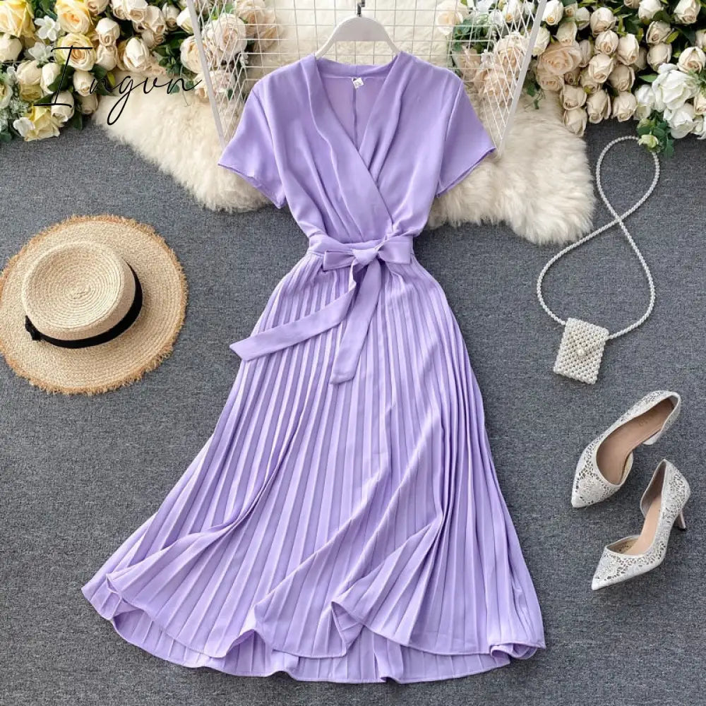 Ingvn - High Quality Solid Pleated Dress Women V Neck Short Sleeves Sashes Long Dresses Summer