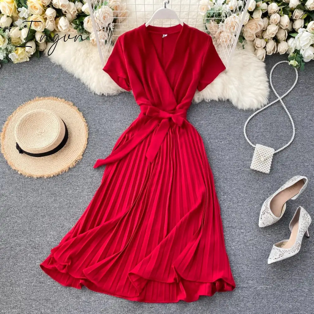 Ingvn - High Quality Solid Pleated Dress Women V Neck Short Sleeves Sashes Long Dresses Summer