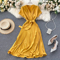 Ingvn - High Quality Solid Pleated Dress Women V Neck Short Sleeves Sashes Long Dresses Summer