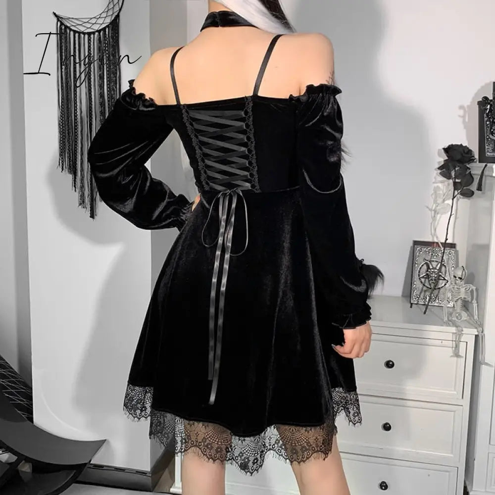 Ingvn - Insgoth Gothic Black Sexy Pentagram Halter Dress Aesthetic Punk High Waist Off Shoulder
