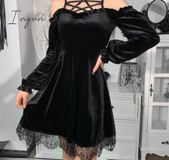 Ingvn - Insgoth Gothic Black Sexy Pentagram Halter Dress Aesthetic Punk High Waist Off Shoulder