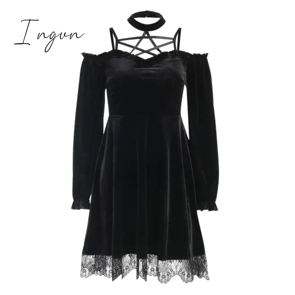 Ingvn - Insgoth Gothic Black Sexy Pentagram Halter Dress Aesthetic Punk High Waist Off Shoulder