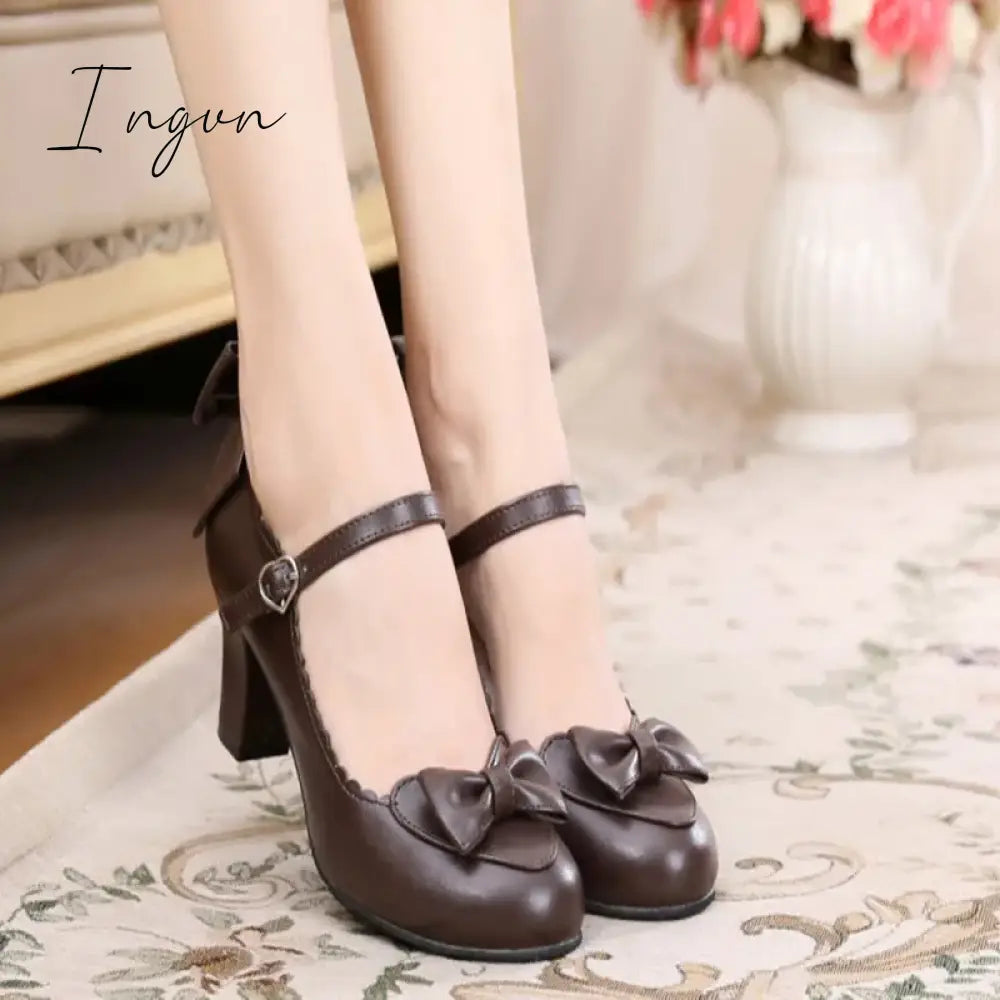 Ingvn - Japanese Lolita Round Head Student Cute Heart Bow Jk High Heel Shoes Bowknot Princess