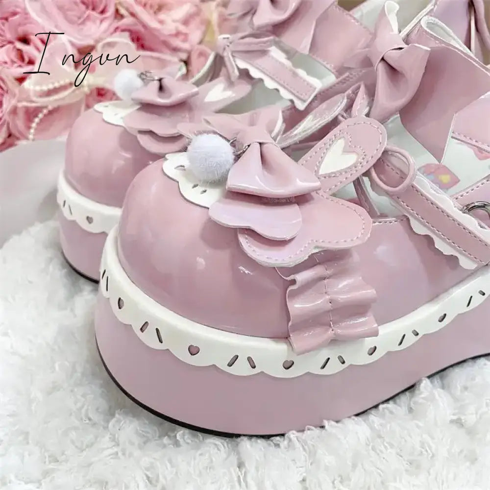 Ingvn - Japanese Sweet 2024 New Lolita Girls’ Shoe Pu Cos Loli Tea Party Rabbit Ear Heel 5-8Cm