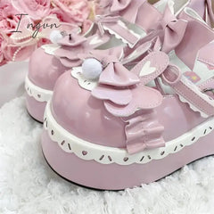 Ingvn - Japanese Sweet 2024 New Lolita Girls’ Shoe Pu Cos Loli Tea Party Rabbit Ear Heel 5-8Cm