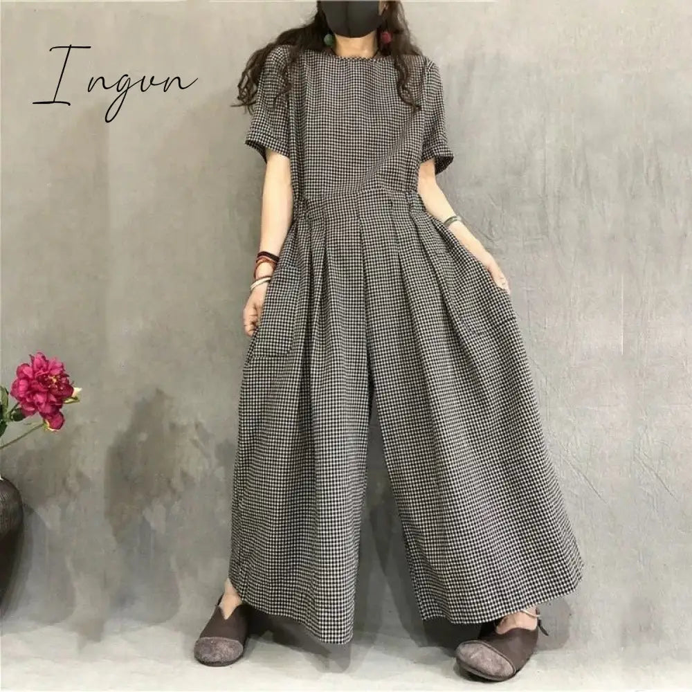 Ingvn - Jumpsuits Women Cotton Linen Short Sleeve Playsuits One Piece Outfit Lace-Up High Waist