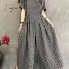 Ingvn - Jumpsuits Women Cotton Linen Short Sleeve Playsuits One Piece Outfit Lace-Up High Waist