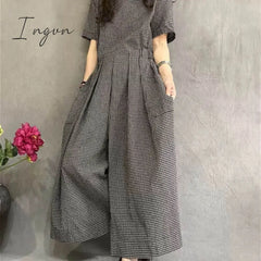 Ingvn - Jumpsuits Women Cotton Linen Short Sleeve Playsuits One Piece Outfit Lace-Up High Waist