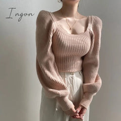 Ingvn - Knitted Women’s Sweater Vintage Pullover Long Puff Sleeve Pink Square Neck Top Korean