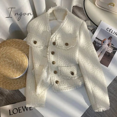 Ingvn - Korean Fashion Tassel Tweed Coat Women Spring Fall V-Neck Vintage Jacket 2023 French Style