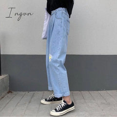 Ingvn - Korean Loose Daisy Jeans Women Fashion New High Waist Straight Denim Pants Maxi Wide-Leg