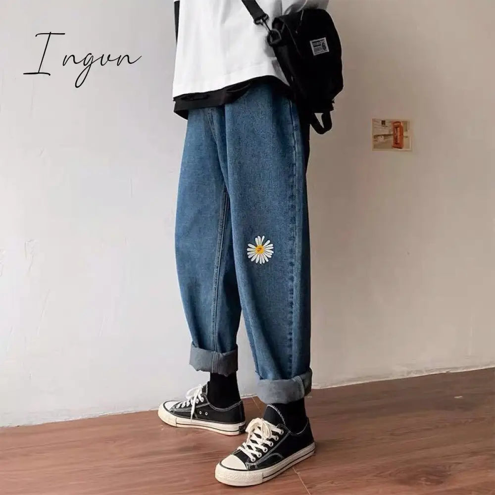 Ingvn - Korean Loose Daisy Jeans Women Fashion New High Waist Straight Denim Pants Maxi Wide-Leg