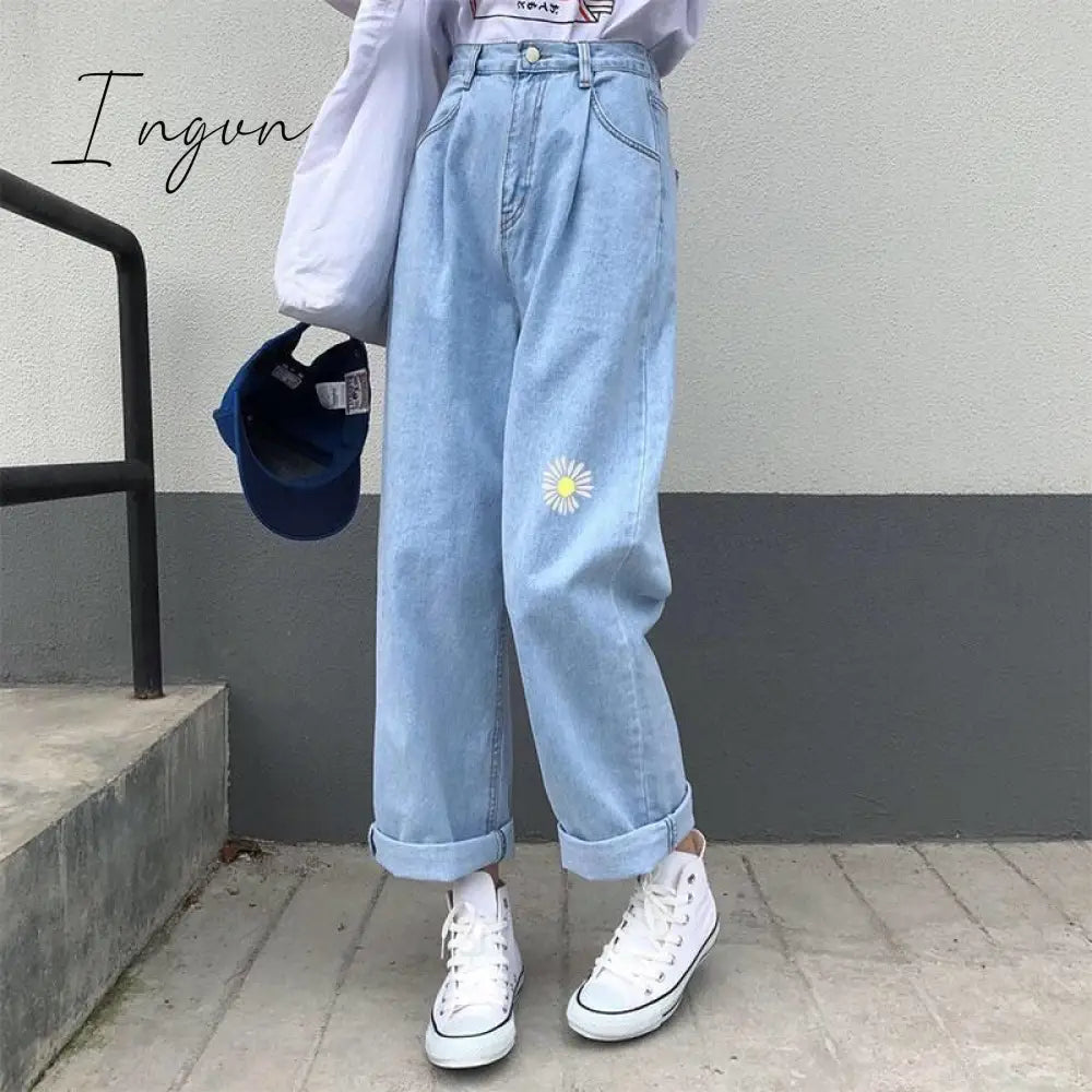 Ingvn - Korean Loose Daisy Jeans Women Fashion New High Waist Straight Denim Pants Maxi Wide-Leg