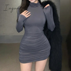 Ingvn - Korean Style Basic Solid Bodycon Dress Elegant Fashion Turtleneck Long Sleeve Mini Dresses