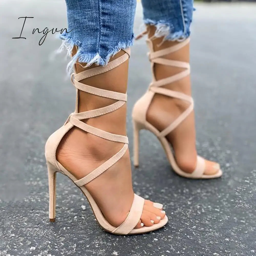 Ingvn - Lace-Up Closure Single Sole Heels Nude / 5