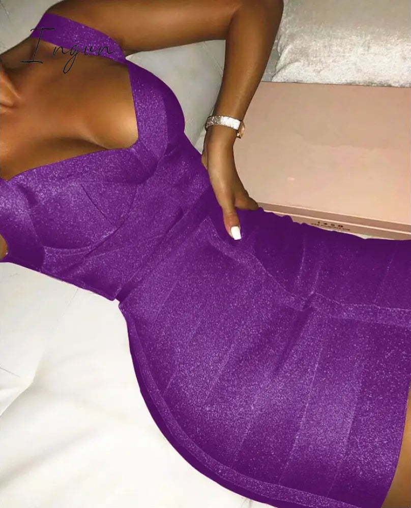 Ingvn - Ladies Sexy V Neck Backless Purple Shining Women Bandage Dress Designer Fashion Sparkly
